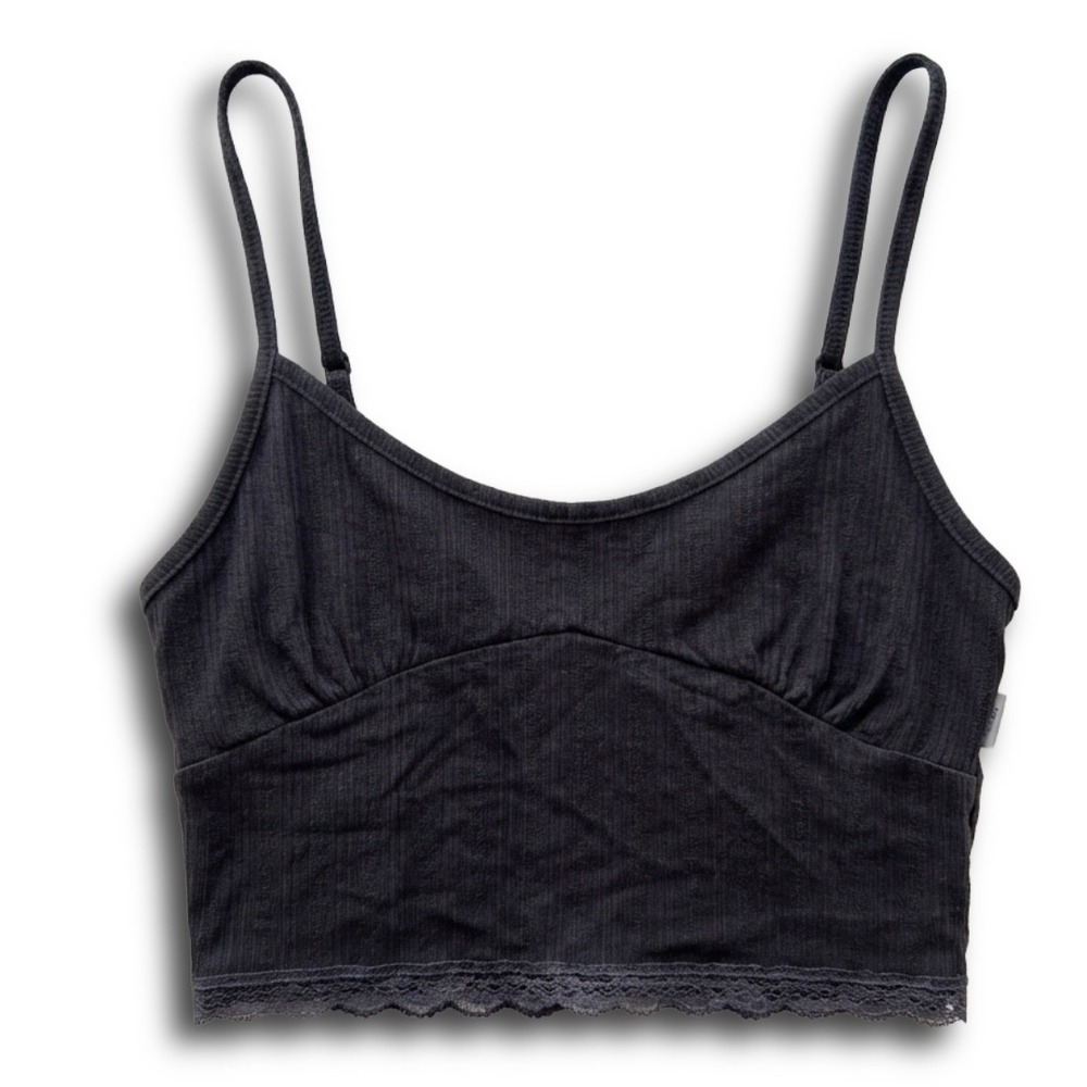 American Eagle Ribbed Lace Trim Crop Cami Top Black Medium